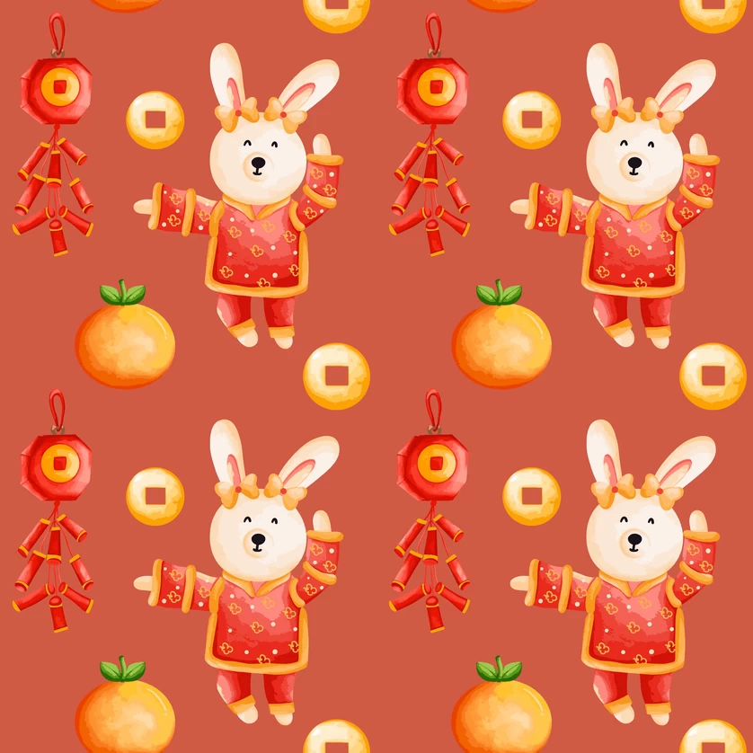 兔年红色喜庆新年春节元素印花效果无缝背景底纹AI矢量设计素材【001】